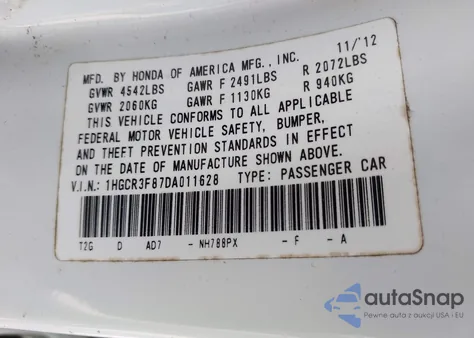 2013 Honda Accord Ex-L V-6 из США, поврежденный, VIN 1HGCR3F87DA011628